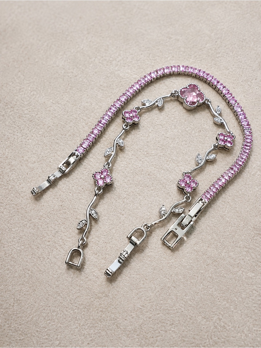 Pink Crystal Bracelet Set - Clover Gem and Flowers Vine & Tennis Bracelets - Picture 1 of 5